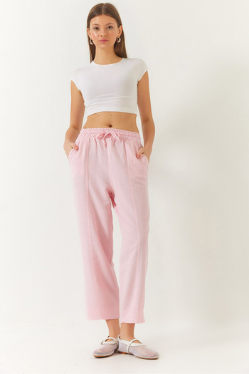 Bianco Lucci Women's Linen Elastic Waist Tie-Up Trousers with Detailed Pockets and Carrot Cut 60261419