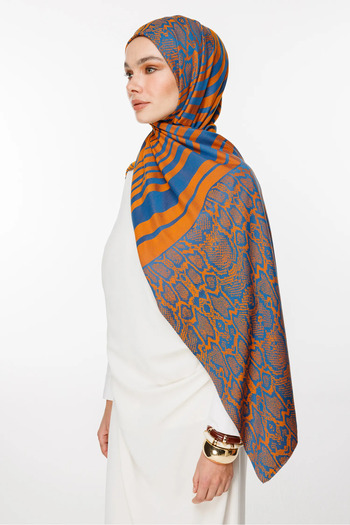 Mooncorn Riad Pattern Double Sided Shawl Petrol Blue-Orange