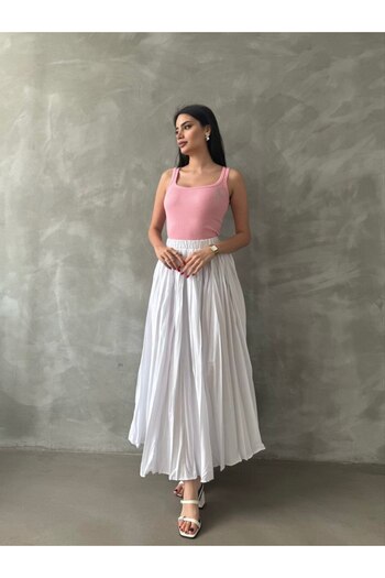 ZF BUTİK Long Loose Skirt - Wrinkled Waist Elastic and Full Flared