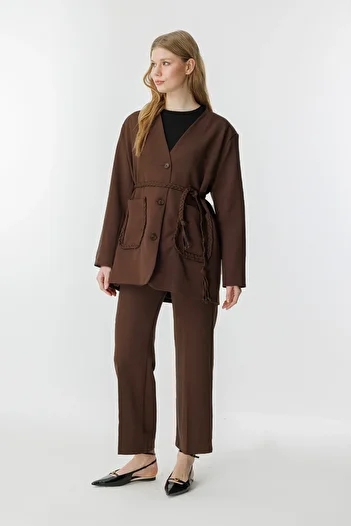 Hooopstore Meri Knitted Rope Detailed Coffee Jacket Set