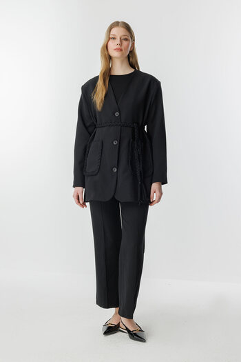 Hooopstore Meri Knitted Rope Detailed Black Jacket Set