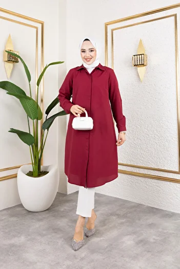 Eliva Women's Burgundy Long Sleeve Collar Buttoned Long Hijab Tunic
