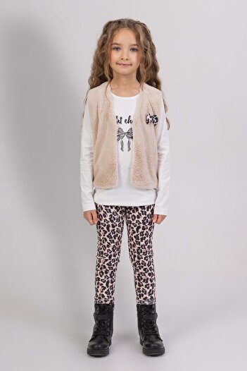 wakawakakidsstore Girls' Triple Suit with Plush Vest and Leopard Print Leggings