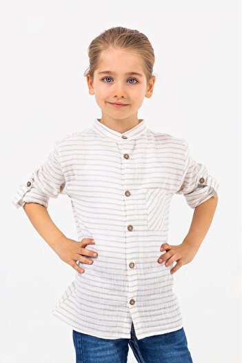 wakawakakidsstore Judge Collar Sleeves Adjustable Muslin Fabric Boy's Shirt - 9-10 Years