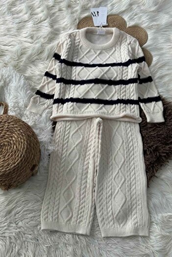 wakawakakidsstore Stripe Patterned Knitwear Braided Girl's Set