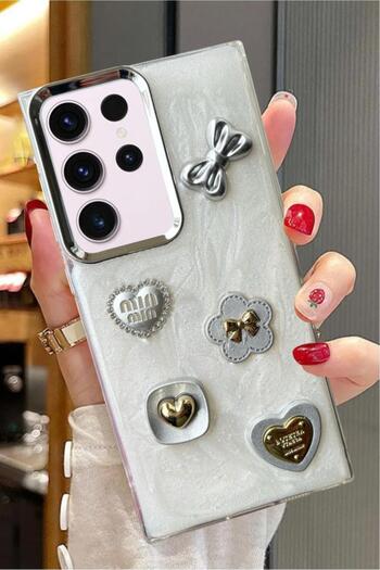 3GEN CASE Samsung Galaxy S24 Ultra Compatible 3D Stone Ribbon Butterfly Heart Glitter Motif Glitter Hard Cover