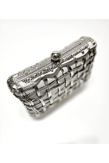 OUEEN ELİZABETH Bride-After Party Silver Metal Case Women's Evening Dress Hand-Shoulder Bag