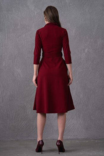 WOMAN VISION Kadın Kruvaze Yaka 3/4 Kol Yandan Cepli Kemer Hediyeli Kloş Kesim Midi Boy Bordo Elbise 020