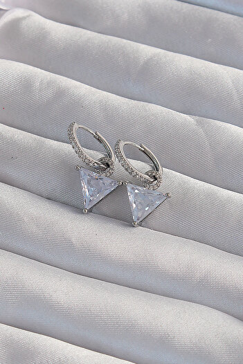 SeyCey.co Brass Silver Color Triangle Zircon Stone Dangle Hoop Earrings