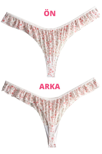 Cottonhill Cream Floral Patterned Tulle Thong Panties with Frilled Edges