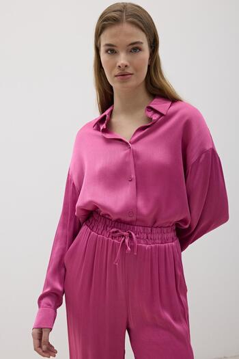 LEVURE Kadın Önü Düğmeli Oversize Saten Gömlek KOYU PEMBE
