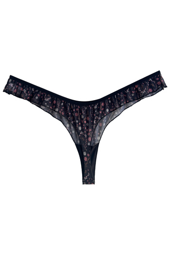 Cottonhill Black Floral Patterned Tulle Thong Panties with Frilled Edges