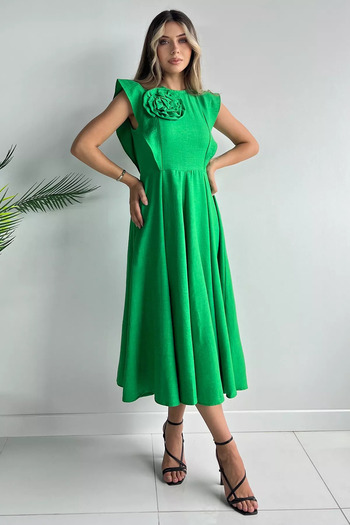 GÜLSELİ Green Rose Detailed Women's Dress