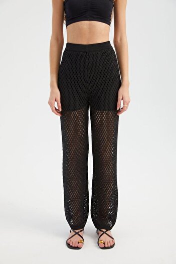 Hiccup Open Knit High Waist Elastic Waist Straight Leg Pants