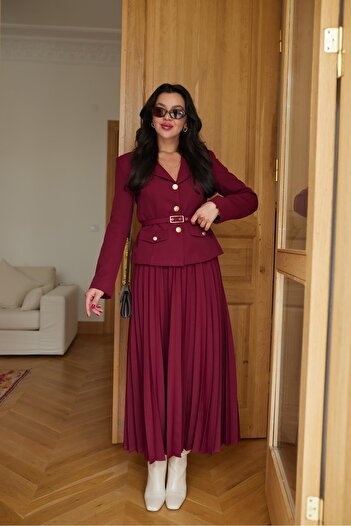 Askı Nişantaşı Burgundy Gold Button Detailed Wadded Jacket Skirt Set