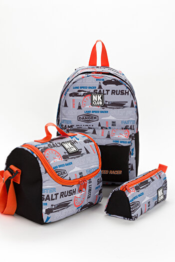 NK Primary School Gray Backpack Kindergarten Lunch Box Pen Holder Set of 3