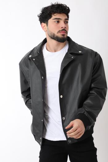 Stilkombin Oversize Collared Faux Leather Coat with Snap Fastener Arw_50373