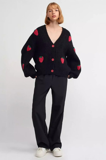 Hiccup Oversize Strawberry Patterned Knitwear Cardigan