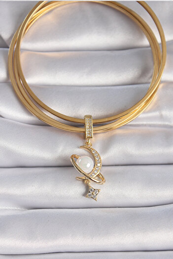 Skygo Brass Gold Color Zircon Stone Detailed Crescent Model Hanging Pearl Ajda Charm - Tj-Bc1012
