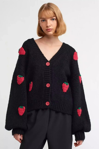 Hiccup Oversize Strawberry Patterned Knitwear Cardigan