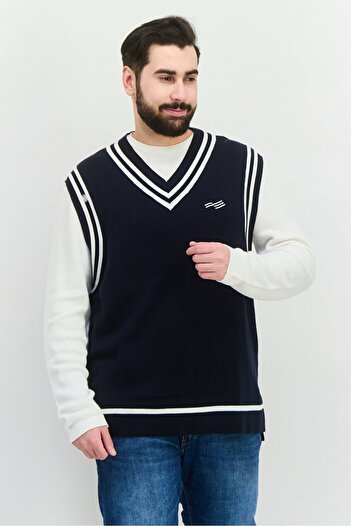 Perry Ellis Men V Neck Embroidered Sweater, Navy