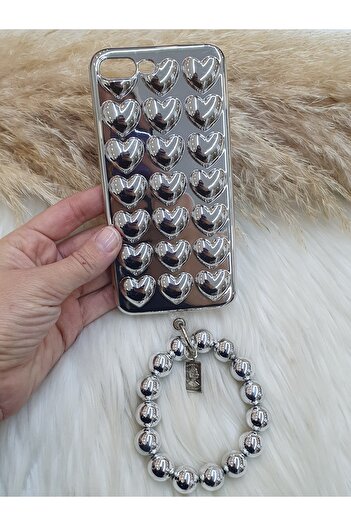 Aksesuarda Moda Iphone 7 Plus and 8 Plus Compatible 3D Heart Metallic Charm Accessorized Case