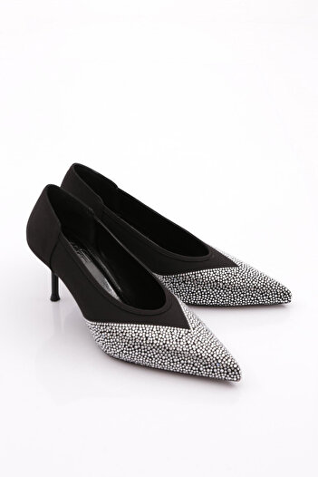 DGN Women's Pointed Toe Heeled Shoes Black Satin Silver Stone 28923557