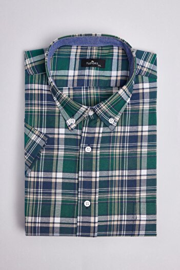 Tudors Men's Big Size Large Size Short Sleeve Plaid Button Collar Green Shirt