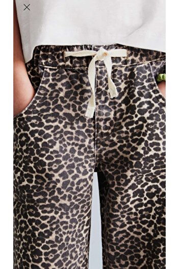Uğur bebe New Season Girls Wide Leg Leopard Jeans Canvas Pants with Adjustable Waist