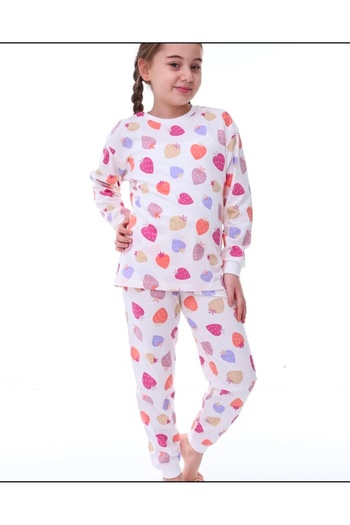 İsobel Kids Girl's Strawberry Patterned Long Sleeve 100% Cotton Seasonal Pajama Set