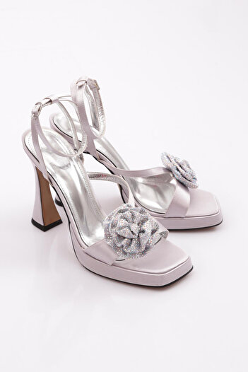 DGN Silver Satin Evening Dress - Rose Patterned High Heels 71061535