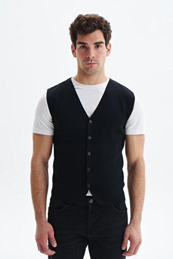Arma Men's Black Slim Fit Knitwear Vest %100 Cotton Pima Cotton – Buttoned, V-Neck, Basic Style K9Kro0853