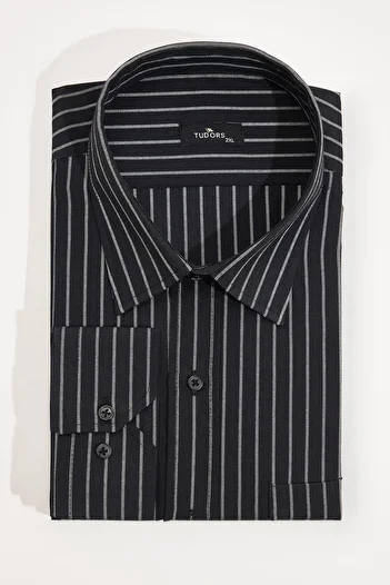 Tudors Men's Large Size Tie Collar Striped Single Pocket Black Shirt