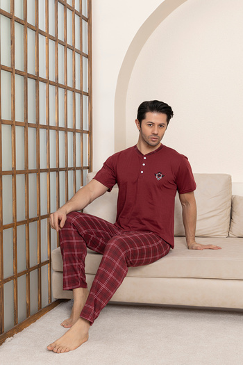 Moon Line Men's Combed Cotton Burgundy Plaid Short Sleeve Pajamas Set