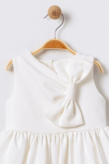 Bebüş Stretchy Crepe Fabric Bow Detail Flared Cutout Sleeveless Ecru Girl's Dress 15703