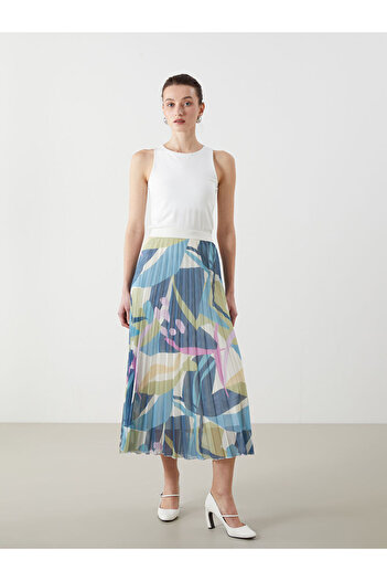 LC Waikiki Lcwaikiki Classic Blue Elastic Waist Patterned Chiffon Women's Pleated Skirt