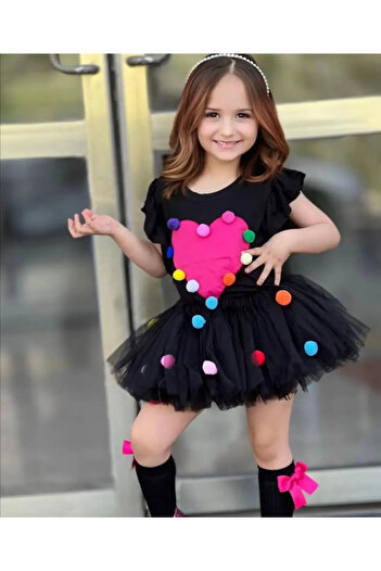 EBRU ÖZÖRGÜCÜ Girl's Black Pom-Pom Tutu Skirt Suit
