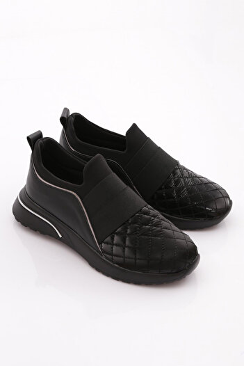 DGN Kadın Üstü Lastikli Kare Desenli Sneaker Ayakkabı Siyah Siyah 31535105