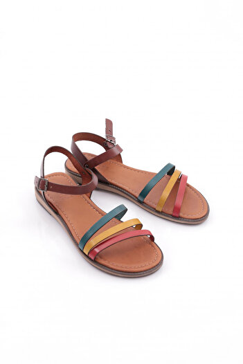 DGN Women's Row Triple Strap Sandals Genuine Leather Brown Yellow Red Green 4157318