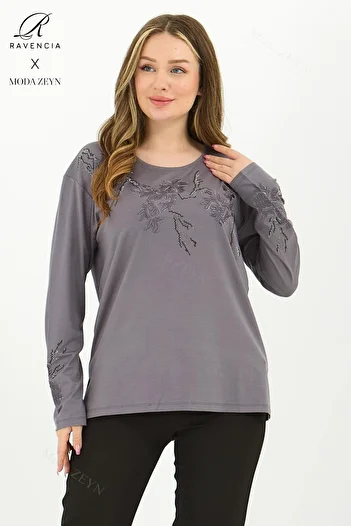 Ravencia Women's Middle-Aged and Above Viscose Tree Pattern Stone Embroidered Lycra Gray Mother's Combed Cotton Blouse