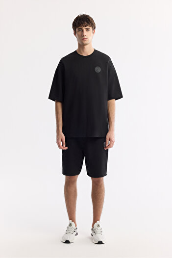 Avva Men's Black Elastic Waist Laced Technical Fabric Shorts