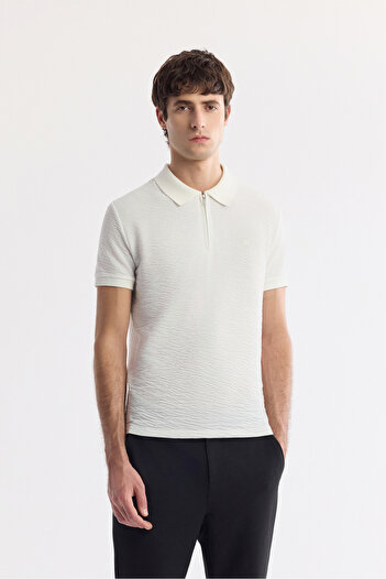 Avva Men's Regular Fit White Polo Neck Textured Jacquard T-Shirt A51Y1019