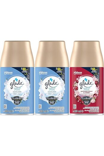 Glade Automatic Spray Refill 2x Clean Linen &1x Blooming Peony & Cherry, 3x 269ml, 60 Days Freshness