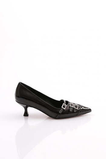 DGN Short Heeled Women's Shoes with Buckle Front Black Patent Leather 3961535