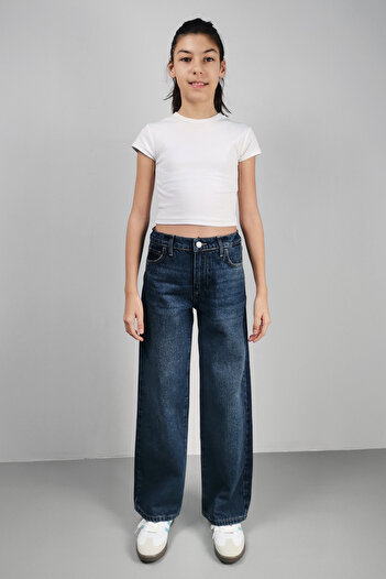 CEDY DENIM Yüksek Kalite Kız Çocuk Yüksek Bel %100 Cotton Palazzo Jean Pantolon-c700-koyu-mavi