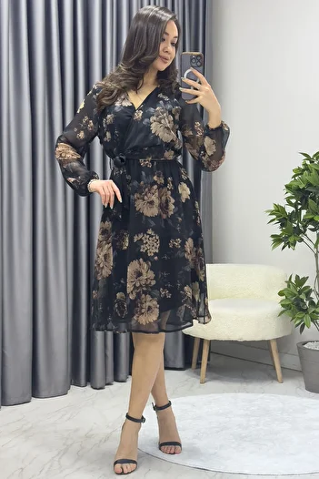 zks grup tekstil Women's Double Breasted Neckline Short Chiffon Dress Brown Floral with Tie-Dye Pattern
