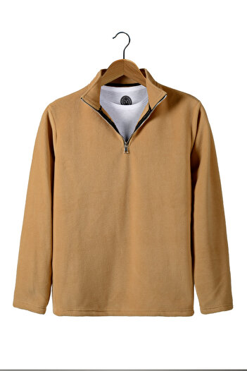 ADEGO Beige Half Zip Regular Fit Stand Collar Fleece Sweatshirt