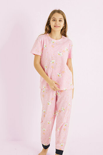Siyah İnci Pink Girl's 100% Cotton Printed Crew Neck Pajama Set 25110057