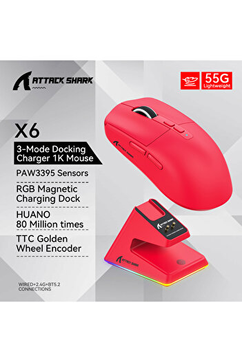 Choice X6 Red ATTACK SHARK X6 Mouse,PAW3395 Bluetooth Tri-Mode Connection,RGB Touch Magnetic Charging Base,