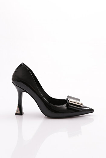 DGN 9039 Model - Black Patent Leather Women's Heeled Shoes, Stone Detailed